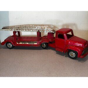 Vintage 1950's B.L.F.D. Buddy L 3 Ladder Red Fire Truck #3 - Pressed Steel